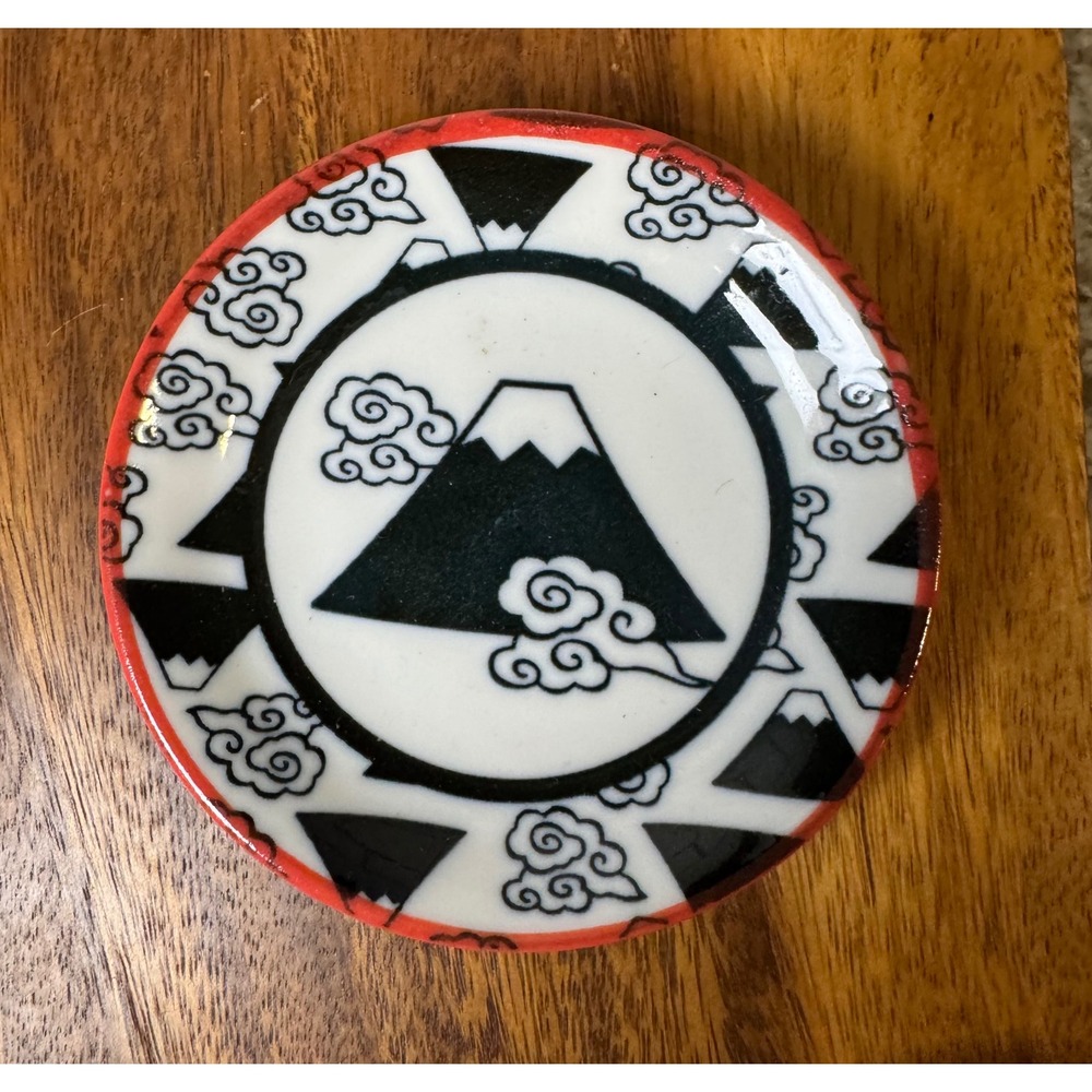 Futaba Japan Mount Fuji Soy Sauce Dish Small Porcelain Plate Black Red White